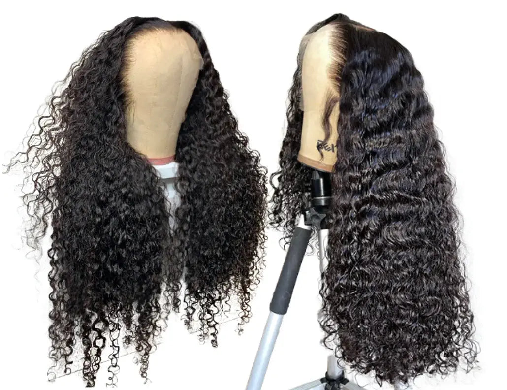 A head mannequin with full frontal water wave hair bundles installed into a wig 