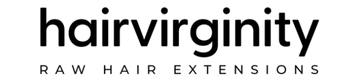 Black text logo reading 'hairvirginity' with smaller text 'RAW HAIR EXTENSIONS' underneath on a tranparent background.