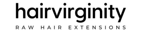 Black text logo reading 'hairvirginity' with smaller text 'RAW HAIR EXTENSIONS' underneath on a tranparent background.