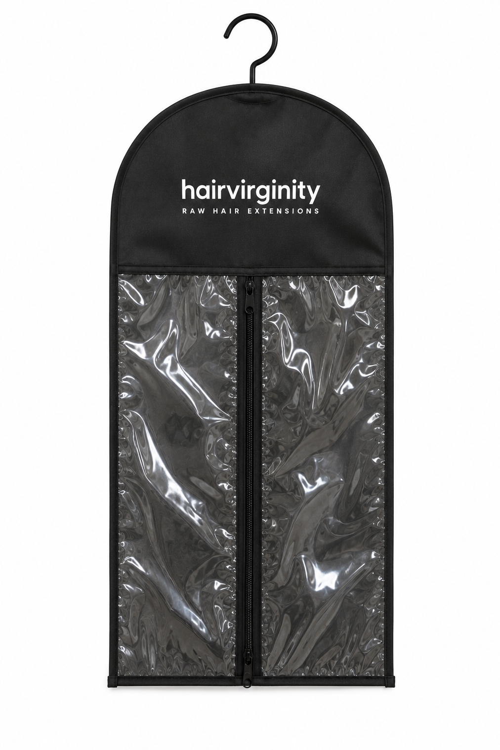 A black hair extension garment bag with a hanger, featuring two clear plastic zippered compartments and the brand name 'hairvirginity' printed in white at the top.